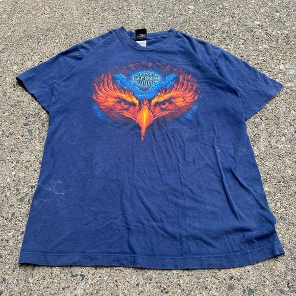 VTG Y2K Harley-Davidson Fire Flame Eagle Shield Logo Blue Short Sleeve T-Shirt - Picture 1 of 8